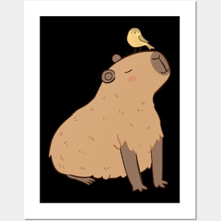 Cute capybara illustration with a bird friend Posters and Art